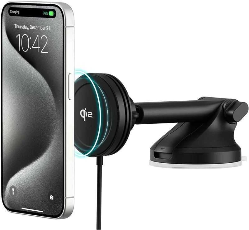 „iOttie Velox MagSafe Qi2“ belaidis laikiklis prie prietaisų skydelio ir priekinio stiklo