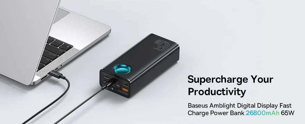 Kelionėms lėktuvu pritaikytas powerbank Baseus Amblight, 65W, 26800mAh