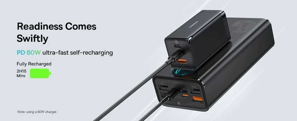 Kelionėms lėktuvu pritaikytas powerbank Baseus Amblight, 65W, 26800mAh