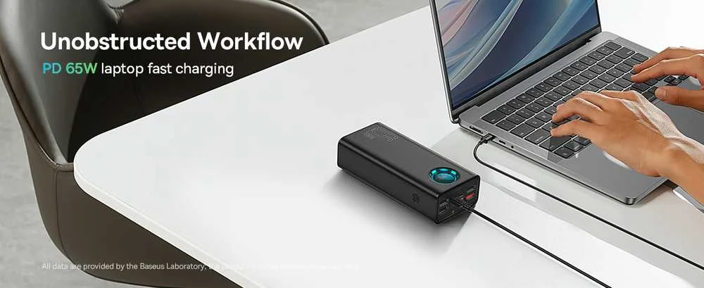 Kelionėms lėktuvu pritaikytas powerbank Baseus Amblight, 65W, 26800mAh