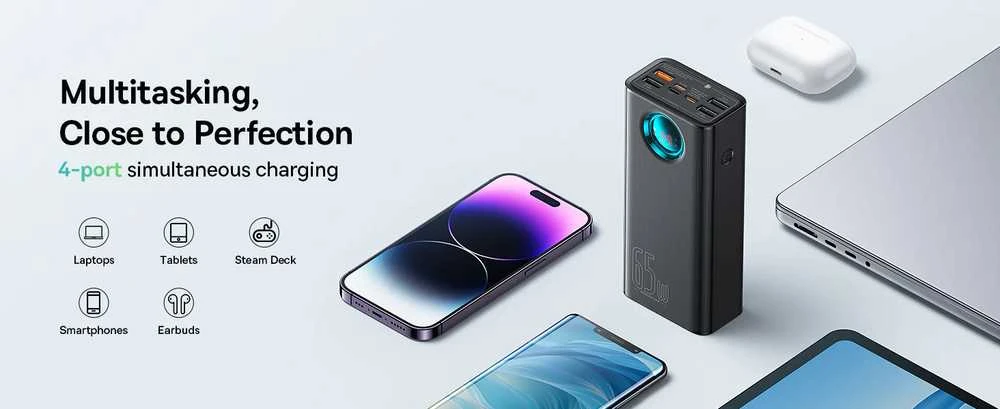 Kelionėms lėktuvu pritaikytas powerbank Baseus Amblight, 65W, 26800mAh