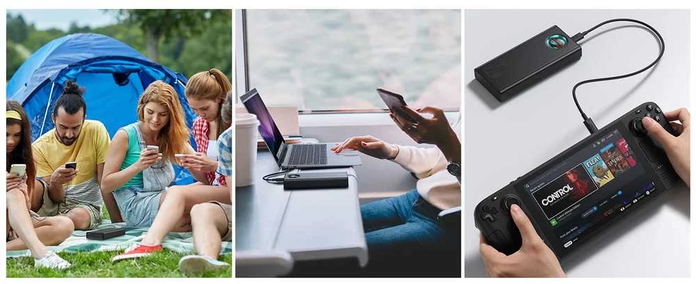 Kelionėms lėktuvu pritaikytas powerbank Baseus Amblight, 65W, 26800mAh