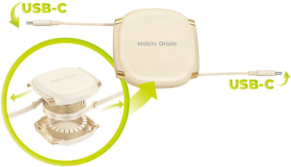 Mobile Origin 100 W ištraukiama kabelio dėžutė USB-C į USB-C CB7, smėlio spalvos