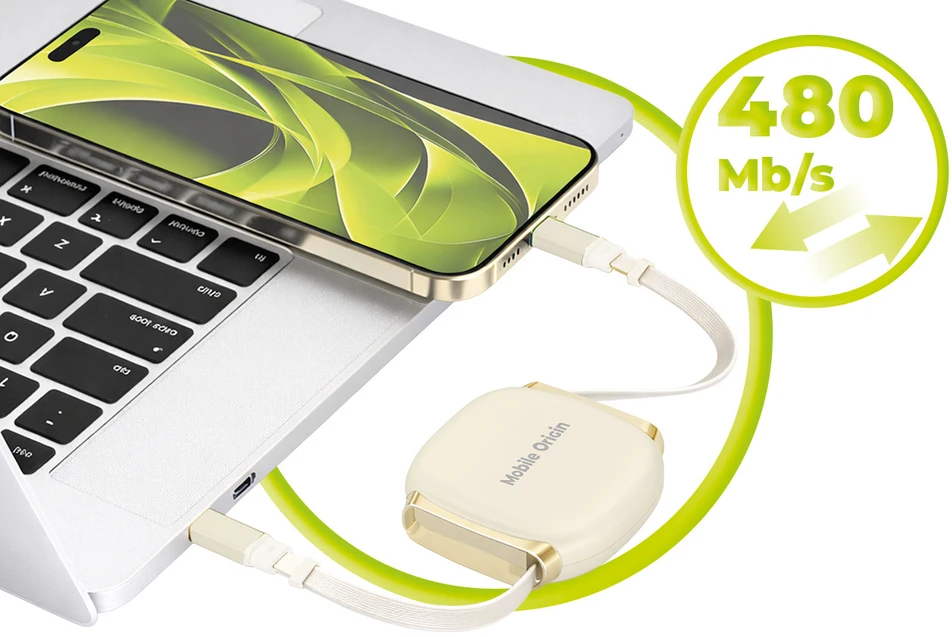 Mobile Origin 100 W ištraukiama kabelio dėžutė USB-C į USB-C CB7, smėlio spalvos