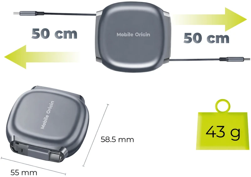 Mobile Origin 100W ištraukiama USB-C į USB-C kabelio dėžutė CB7 kosminė pilka
