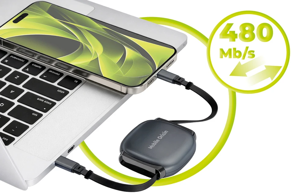 Mobile Origin 100W ištraukiama USB-C į USB-C kabelio dėžutė CB7 kosminė pilka