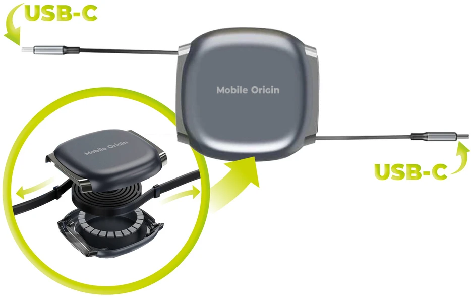 Mobile Origin 100W ištraukiama USB-C į USB-C kabelio dėžutė CB7 kosminė pilka