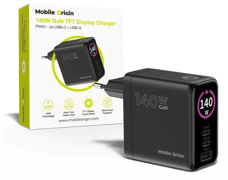 Įkroviklis Mobile Origin 140W GaN Ekranas Charger PW21 - 2x USB-C + USB-A