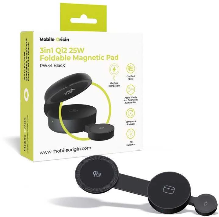 Mobile Origin 3 viename Qi2 25 W sulankstomas magnetinis įkrovimo padėkliukas PW34, juodas