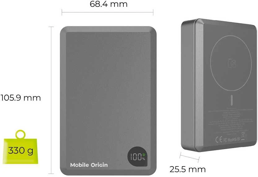 Mobile Origin 30 W PD 20000 mAh aliuminio išorinis akumuliatorius PB14, suderinamas su MagSafe