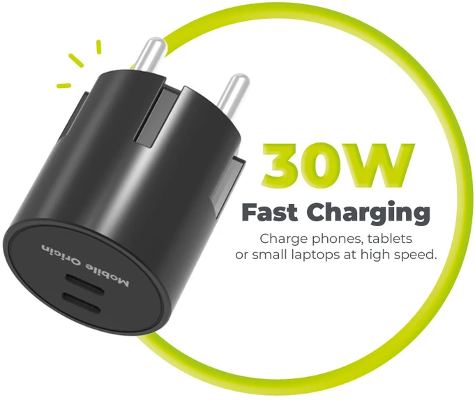 Mobile Origin 30W įkroviklio kištukas PW33 - 2x USB-C, juodas