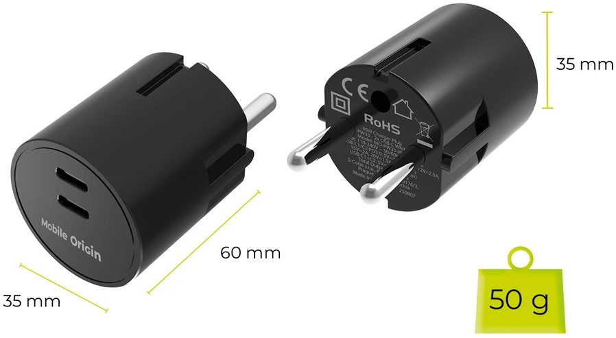 Mobile Origin 30W įkroviklio kištukas PW33 - 2x USB-C, juodas
