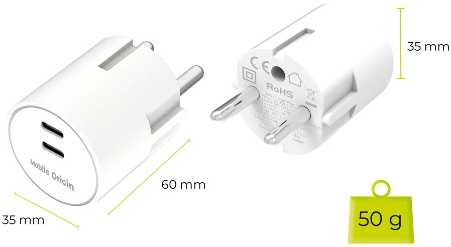 Mobile Origin 30W įkroviklis PW33 - 2x USB-C, baltas