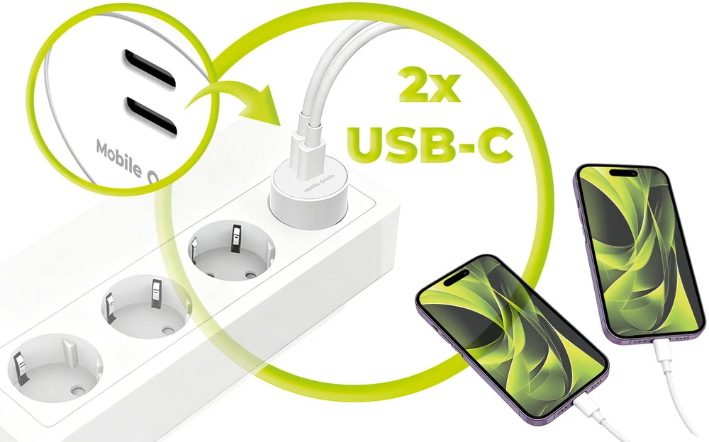 Mobile Origin 30W įkroviklis PW33 - 2x USB-C, baltas