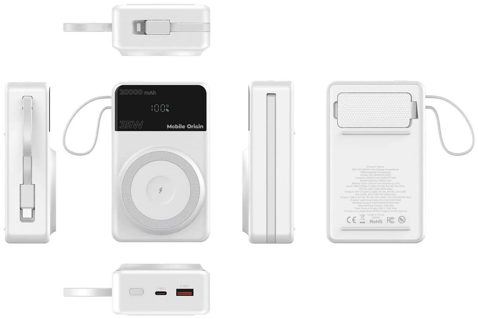 Mobile Origin 35W PD 20000mAh išorinis akumuliatorius su ekranu PB15 suderinamas su MagSafe