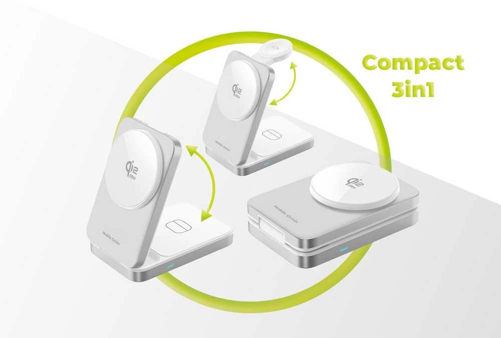„Mobile Origin 3in1 Qi2 25W“ sulankstomas įkrovimo stovas PW35, suderinamas su „MagSafe“