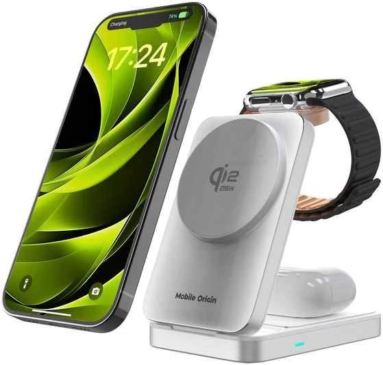 „Mobile Origin 3in1 Qi2 25W“ sulankstomas įkrovimo stovas PW35, suderinamas su „MagSafe“