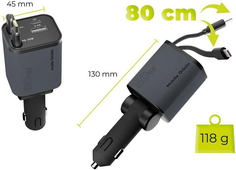 „Mobile Origin 4in1 50W“ automobilinis įkroviklis CA28 – USB-C + USB-A, USB-C ir „Lightning“ laidas