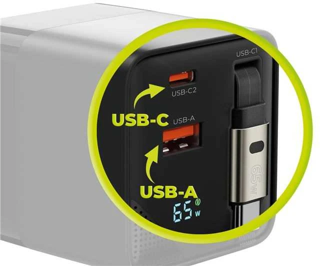Įkroviklis Mobile Origin 65W GaN Ekranas Charger PW2 - USB-C Cable + USB-C + USB-A