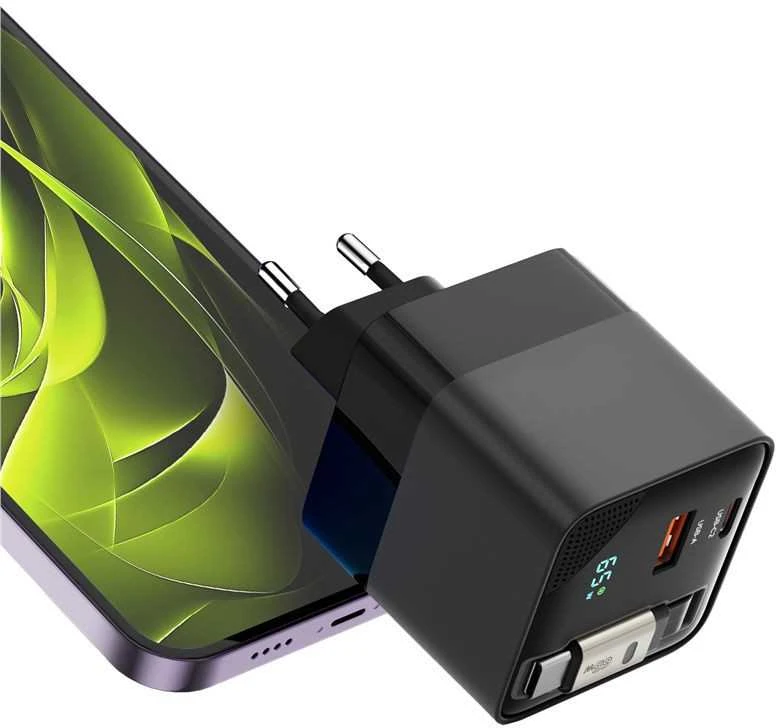 Įkroviklis Mobile Origin 65W GaN Ekranas Charger PW2 - USB-C Cable + USB-C + USB-A