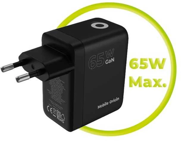 Įkroviklis Mobile Origin 65W GaN Ekranas Charger PW20 - 2x USB-C + USB-A