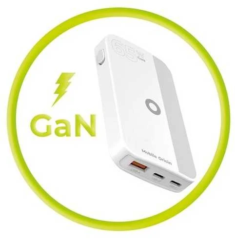 Mobile Origin 65W GaN III plonas įkroviklis su dviguba USB-C jungtimi, vieno USB-A jungtimi, baltas