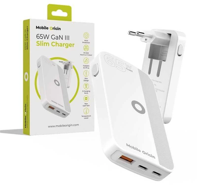 Mobile Origin 65W GaN III plonas įkroviklis su dviguba USB-C jungtimi, vieno USB-A jungtimi, baltas
