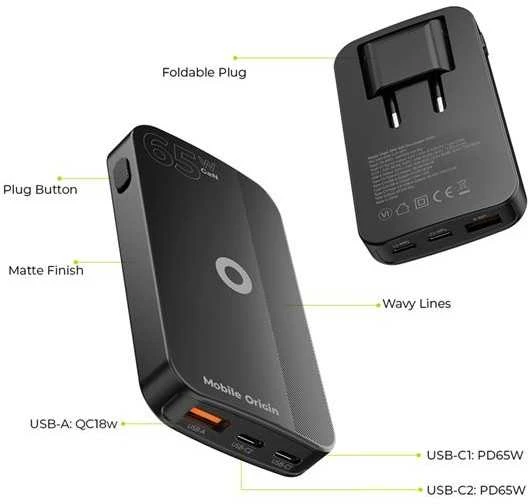 Mobile Origin 65W GaN III plonas įkroviklis su dviguba USB-C jungtimi, vieno USB-A jungtimi, baltas