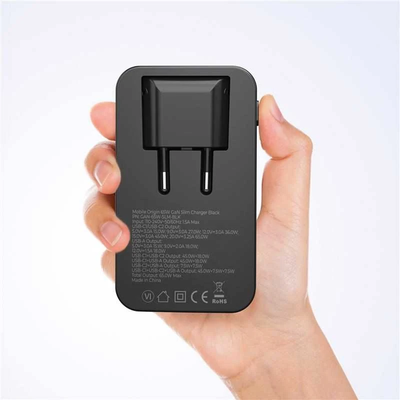 Mobile Origin 65W GaN III plonas įkroviklis su dviguba USB-C jungtimi, vieno USB-A jungtimi, baltas