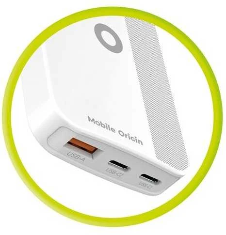 Mobile Origin 65W GaN III plonas įkroviklis su dviguba USB-C jungtimi, vieno USB-A jungtimi, baltas
