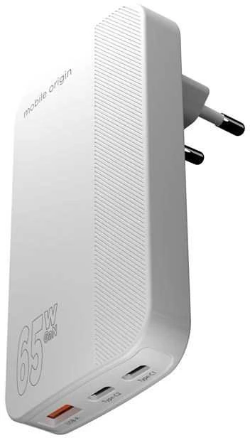 Mobile Origin 65W GaN III plonas įkroviklis su dviguba USB-C jungtimi, vieno USB-A jungtimi, baltas