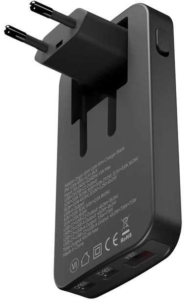 Mobile Origin 65W GaN III plonas įkroviklis, dvigubas USB-C, vienas USB-A, juodas