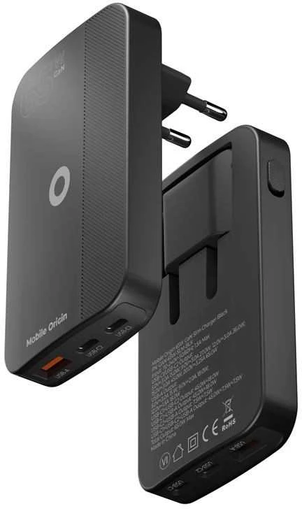 Mobile Origin 65W GaN III plonas įkroviklis, dvigubas USB-C, vienas USB-A, juodas