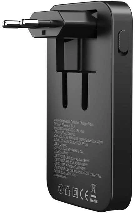 Mobile Origin 65W GaN III plonas įkroviklis, dvigubas USB-C, vienas USB-A, juodas