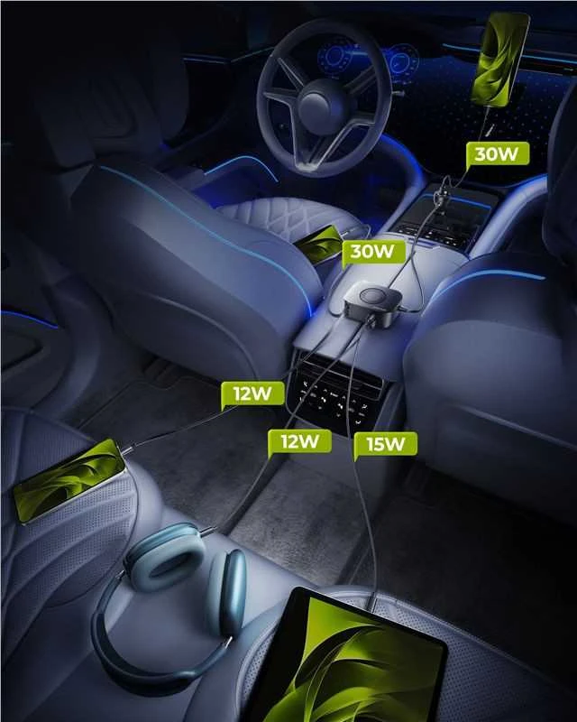 Įkroviklis Mobile Origin 75W 5in1 automobilinis įkroviklis CA23 - 2x USB-C + USB-A prievadai, 2x USB-C laidai
