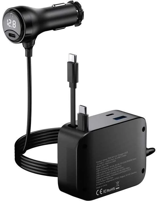 Įkroviklis Mobile Origin 75W 5in1 automobilinis įkroviklis CA23 - 2x USB-C + USB-A prievadai, 2x USB-C laidai