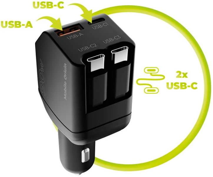 Mobile Origin 90 W automobilinis įkroviklis CA22 - USB-C + USB-A, 2x USB-C laidai