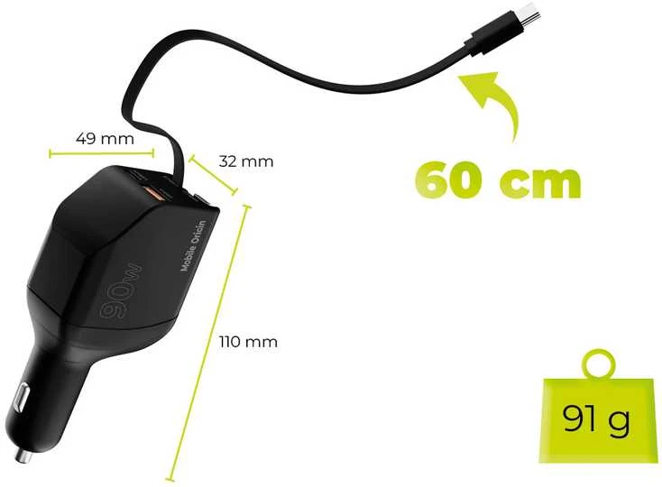 Mobile Origin 90 W automobilinis įkroviklis CA22 - USB-C + USB-A, 2x USB-C laidai