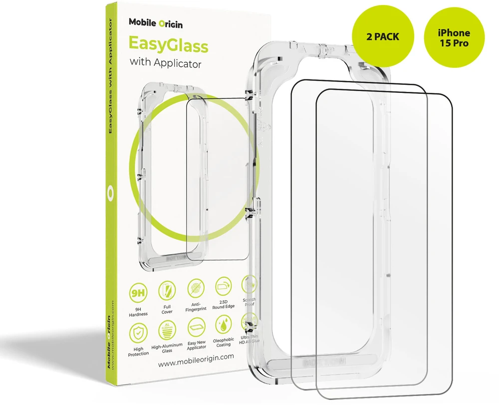 Ekrano stiklo apsauginiai stiklai „Mobile Origin EasyGlass“ su aplikatoriumi „iPhone 15 Pro“, 2 vnt. pakuotėje
