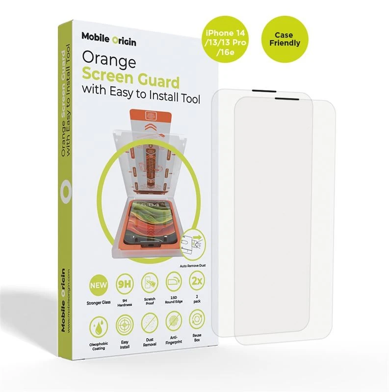 Mobile Origin Ekrano apsauga iPhone 16e/14/13/13 Pro/ su paprastu aplikatoriumi, 2 vnt. pakuotė