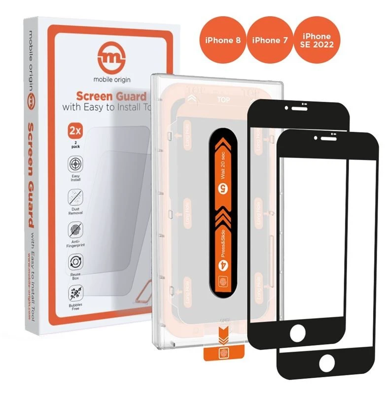 Mobile Origin Ekrano apsauga, skirta iPhone 8 / 7 / SE 2022 / SE 2020, su lengvai naudojamu aplikatoriumi, 2 vnt. pakuotė