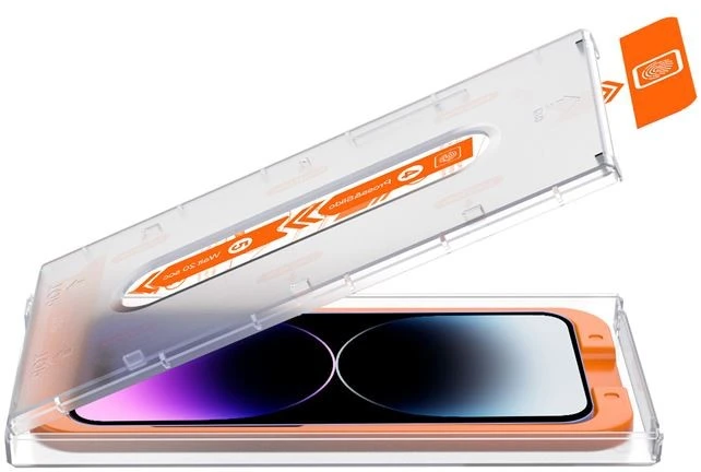 Mobile Origin iPhone 14 Pro ekrano apsauga su lengvai naudojamu aplikatoriumi, 2 vnt.