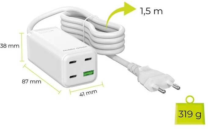 „Mobile Origin GaN“ 100 W kompaktiškas „MultiHub“ įkroviklis PW18 su 3 USB-C + USB-A jungtimis