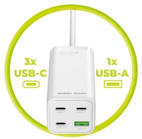„Mobile Origin GaN“ 100 W kompaktiškas „MultiHub“ įkroviklis PW18 su 3 USB-C + USB-A jungtimis