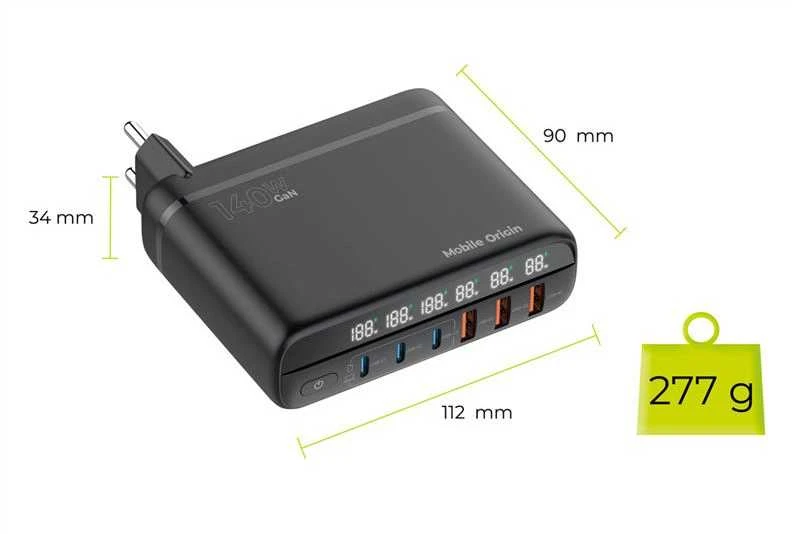 Mobile Origin GaN 140W kelioninis įkroviklis PW12 ES/JK/JAV, 3x USB-C + 3x USB-A