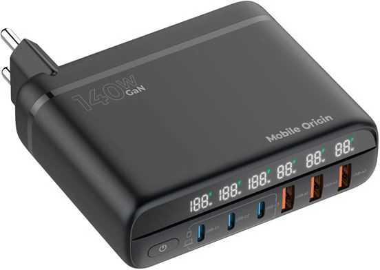 Mobile Origin GaN 140W kelioninis įkroviklis PW12 ES/JK/JAV, 3x USB-C + 3x USB-A