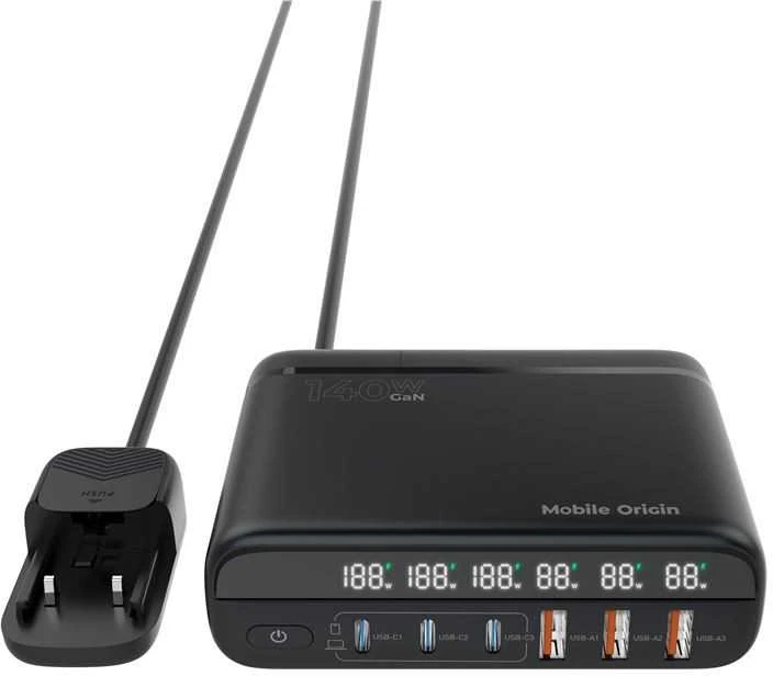 Mobile Origin GaN 140W kelioninis įkroviklis PW12 ES/JK/JAV, 3x USB-C + 3x USB-A
