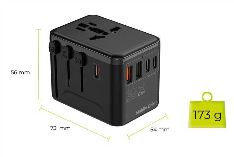 „Mobile Origin GaN 35W“ kelioninis adapteris PW4 EU/UK/US/AUS, 3x USB-C + 2x USB-A