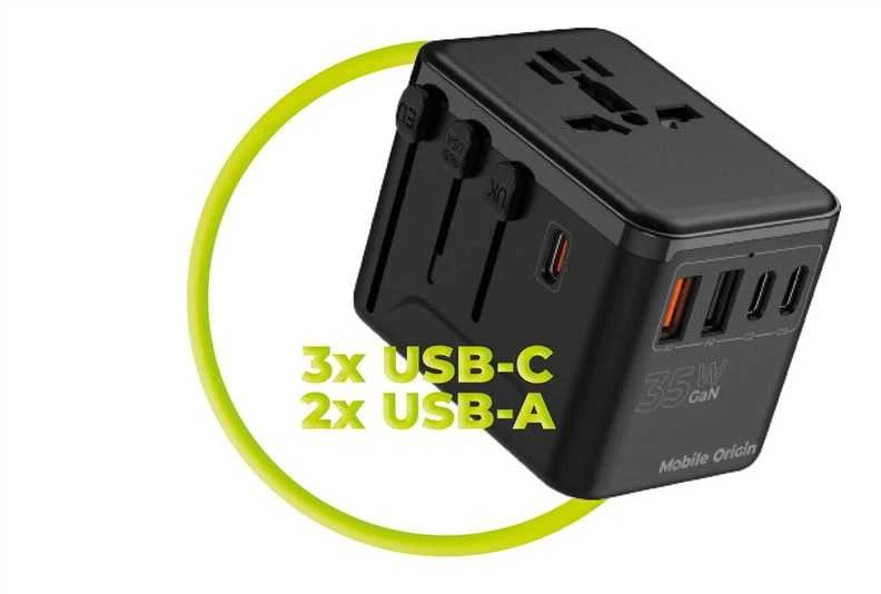„Mobile Origin GaN 35W“ kelioninis adapteris PW4 EU/UK/US/AUS, 3x USB-C + 2x USB-A