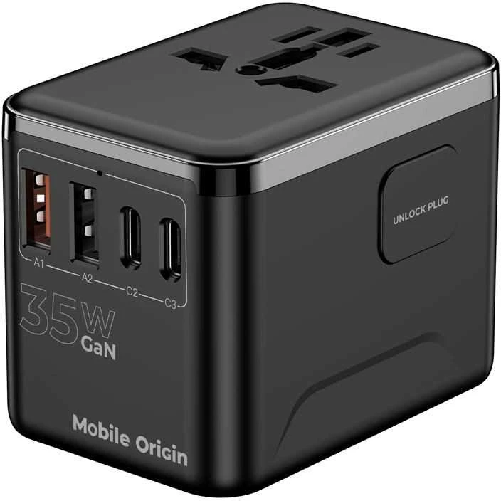 „Mobile Origin GaN 35W“ kelioninis adapteris PW4 EU/UK/US/AUS, 3x USB-C + 2x USB-A